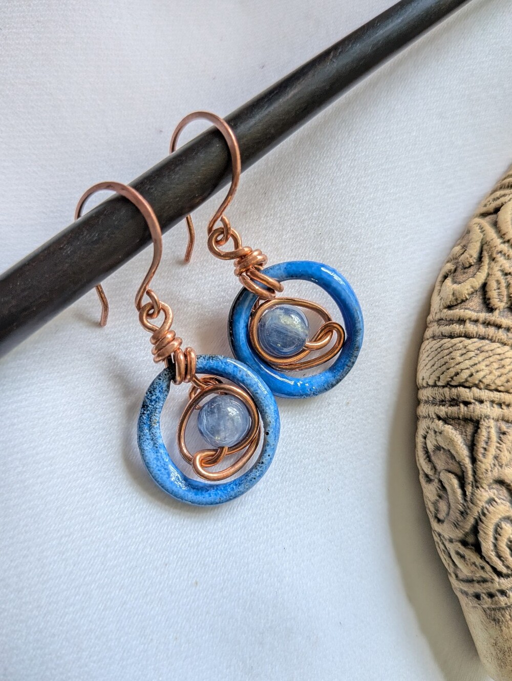 Blue Dream Earrings - Artisan Crafted Copper Wire Wrapped Kyanite Gemstones - Picture 3 of 16
